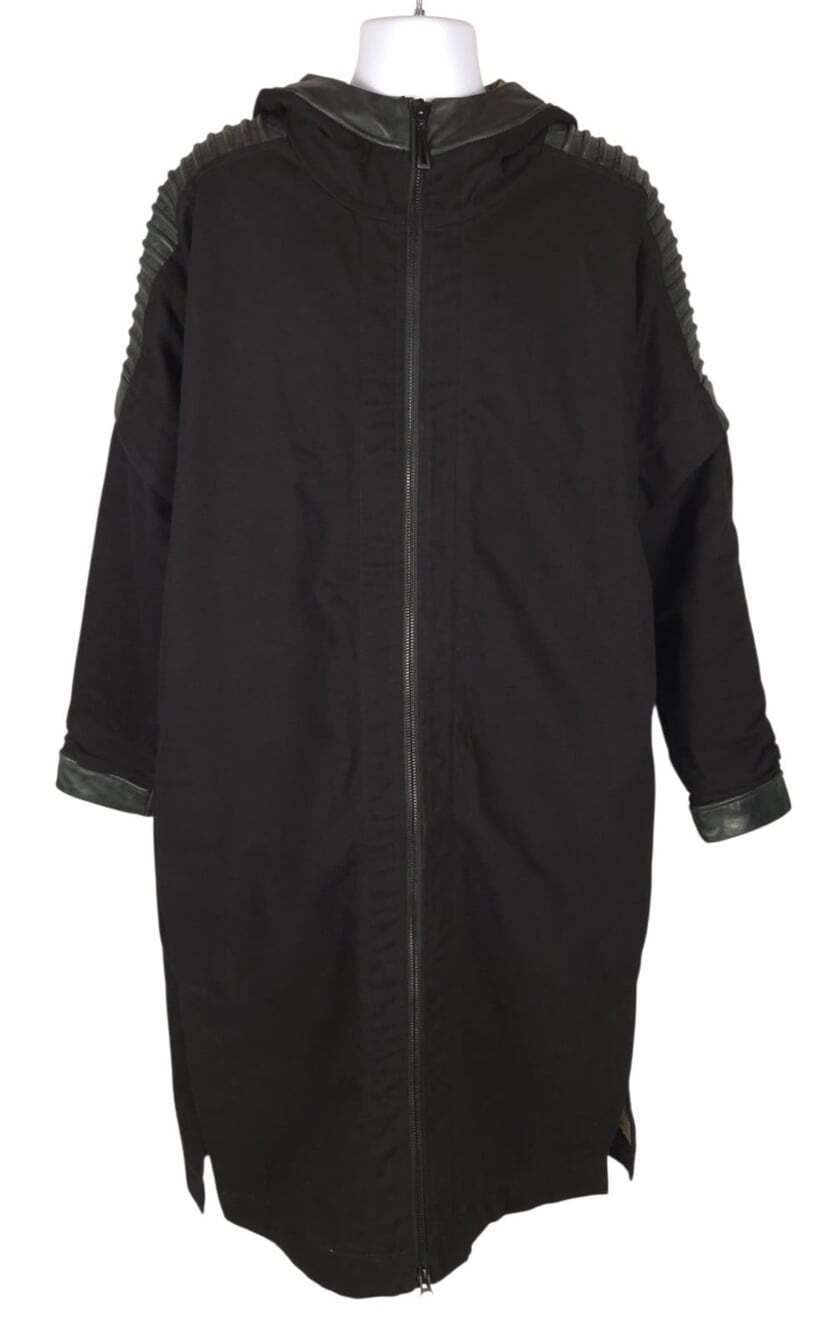 Hunnu Fashion Leather Trim Heavyweight Long Coat US L EU 52 Mens Black RARE